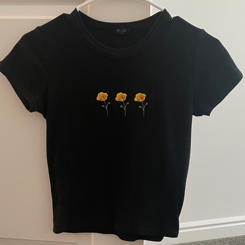 Brandy Melville Black Short Sleeve Tee with Yellow Floral Embroidery